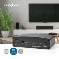 Nedis Digital-Audio-Switch / 4-Wege / Anschlüsse – Eingang: DC Power / 4x TosLink / Anschlüsse – Ausgang: TosLink Buchse / Druckknopf / Fernbedienung / Handbuch / Metall / Schwarz