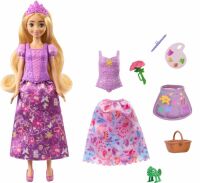 Mattel Disney Princess 2-in-1-Geschichten Rapunzel-Modepuppe mit 2 Oberteilen zum Anklipsen, 2 Röcke